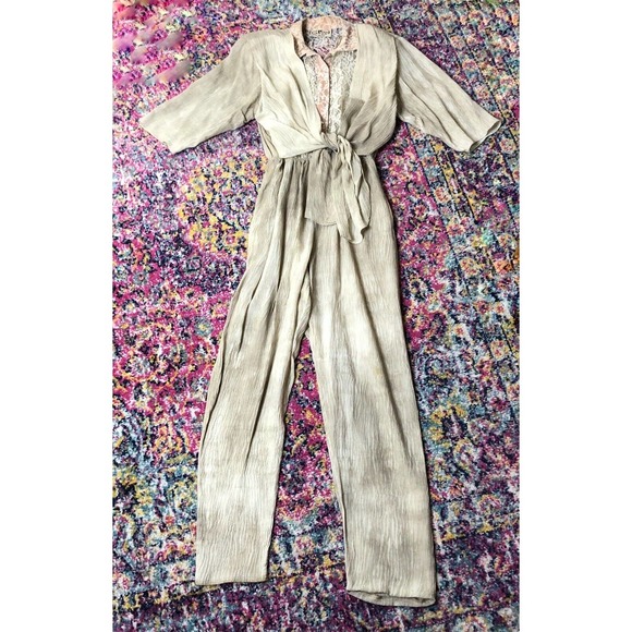 Vintage 80s On The Rocks Jumpsuit Lace Crinkle Wrinkle Tie Front - Picture 2 of 16
